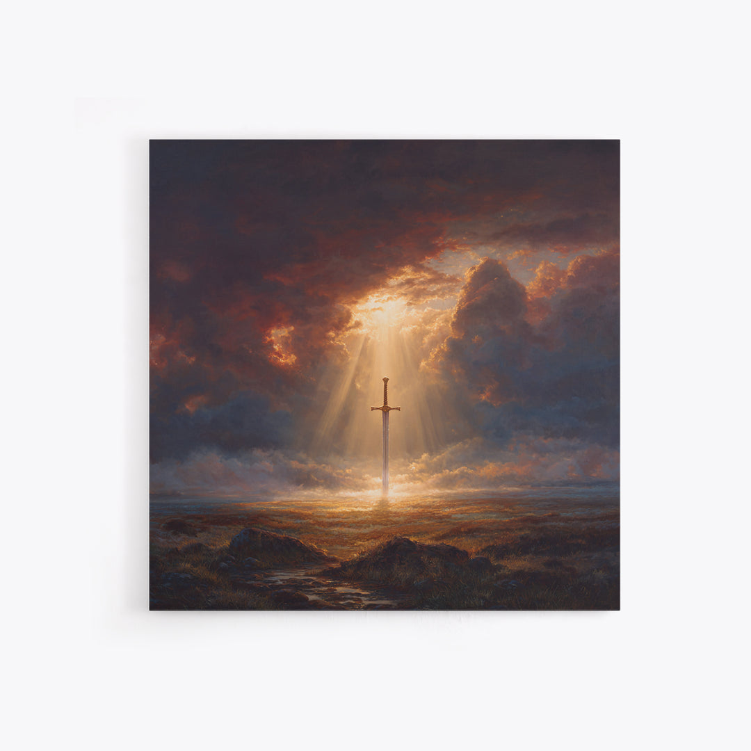 Sword Of Light In Stormy Field Framed Canvas Print, Christian Symbol Painting, Dramatic Landscape Wall Decor, Faith Gift