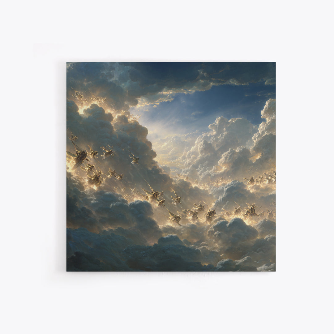 Angelic Riders In Storm Clouds Wall Art, Celestial Christian Canvas Print, Fantasy Sky Battle, Spiritual Living Room Decor