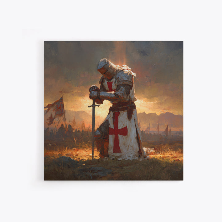 Kneeling Templar Knight In Battle Canvas Print, Medieval Christian Wall Art, Crusader Artwork Gift For Him, Man Cave Decor