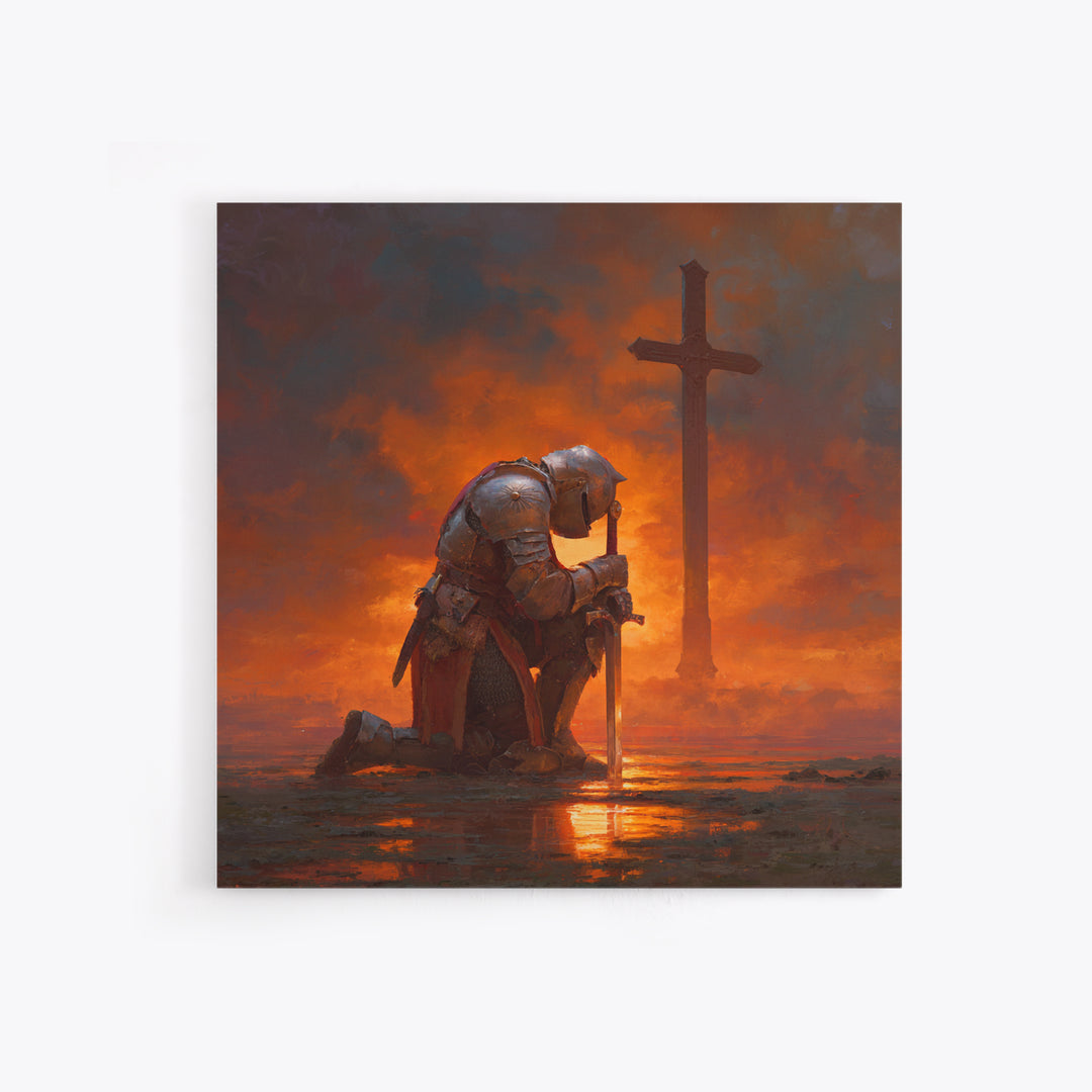 Kneeling Crusader Before Cross At Fiery Sunset Wall Art, Christian Canvas Print, Medieval Decor, Inspirational Gift For Him