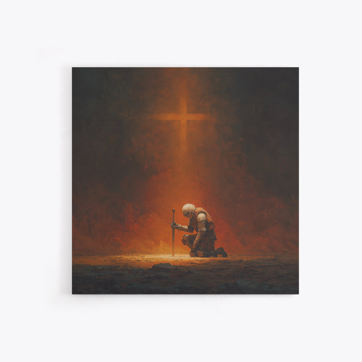 Kneeling Knight With Glowing Cross Framed Canvas Print, Christian Wall Art, Dark Fantasy Decor, Prayer Room Gift For Him Home Decor