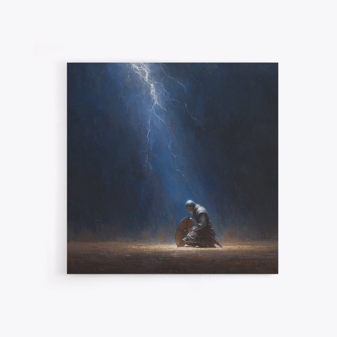 Kneeling Knight In Lightning Storm Wall Art, Dark Fantasy Medieval Canvas, Warrior Prayer Scene, Gothic Home Decor Unique Gift