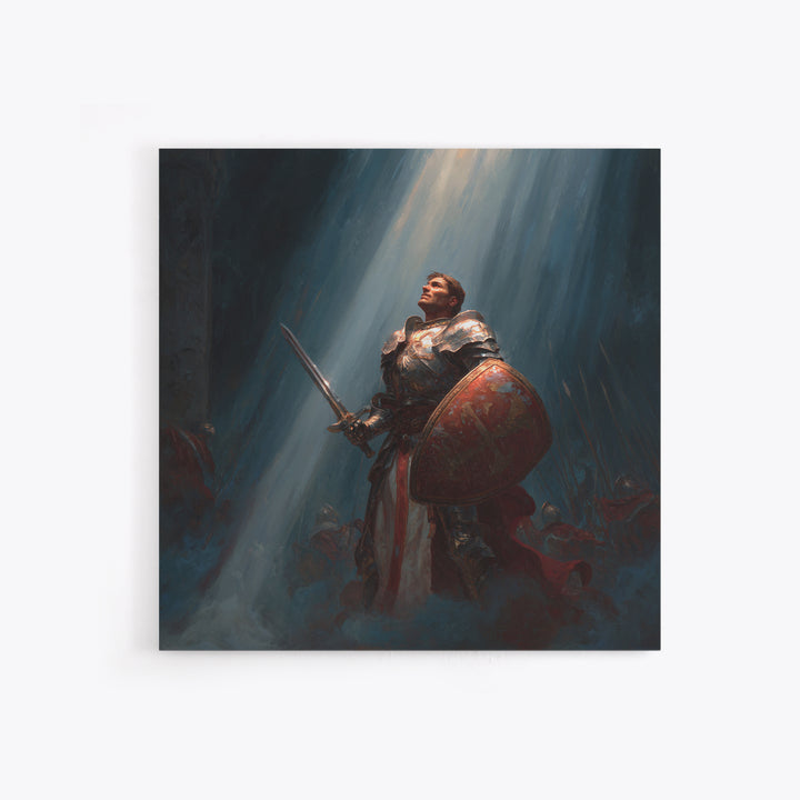 Heroic Knight With Sword And Shield In Divine Light Framed Canvas Print, Fantasy Wall Art, Medieval Wall Decor, Gift For Him