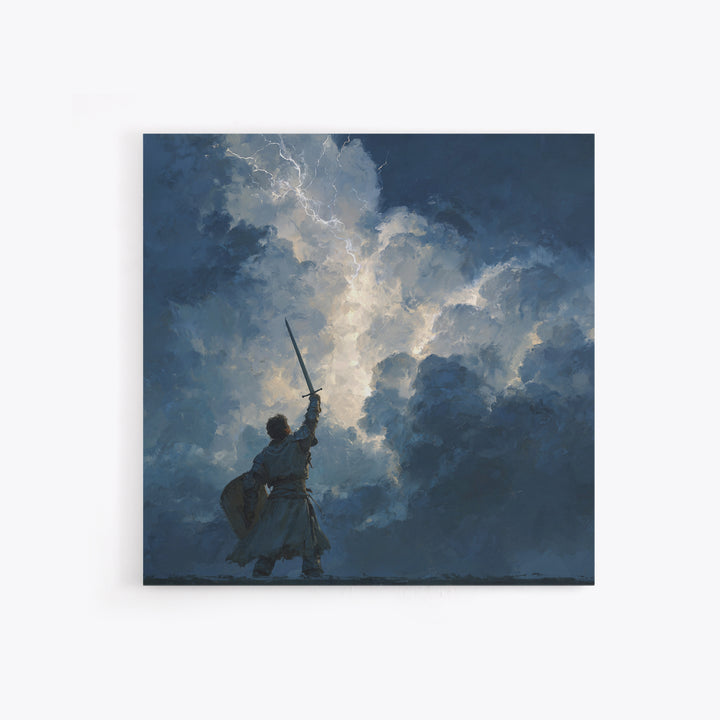 Warrior Raising Sword Into Lightning Canvas Print, Epic Fantasy Wall Art, Storm Clouds, Dark Heroic Medieval Home Decor Gift