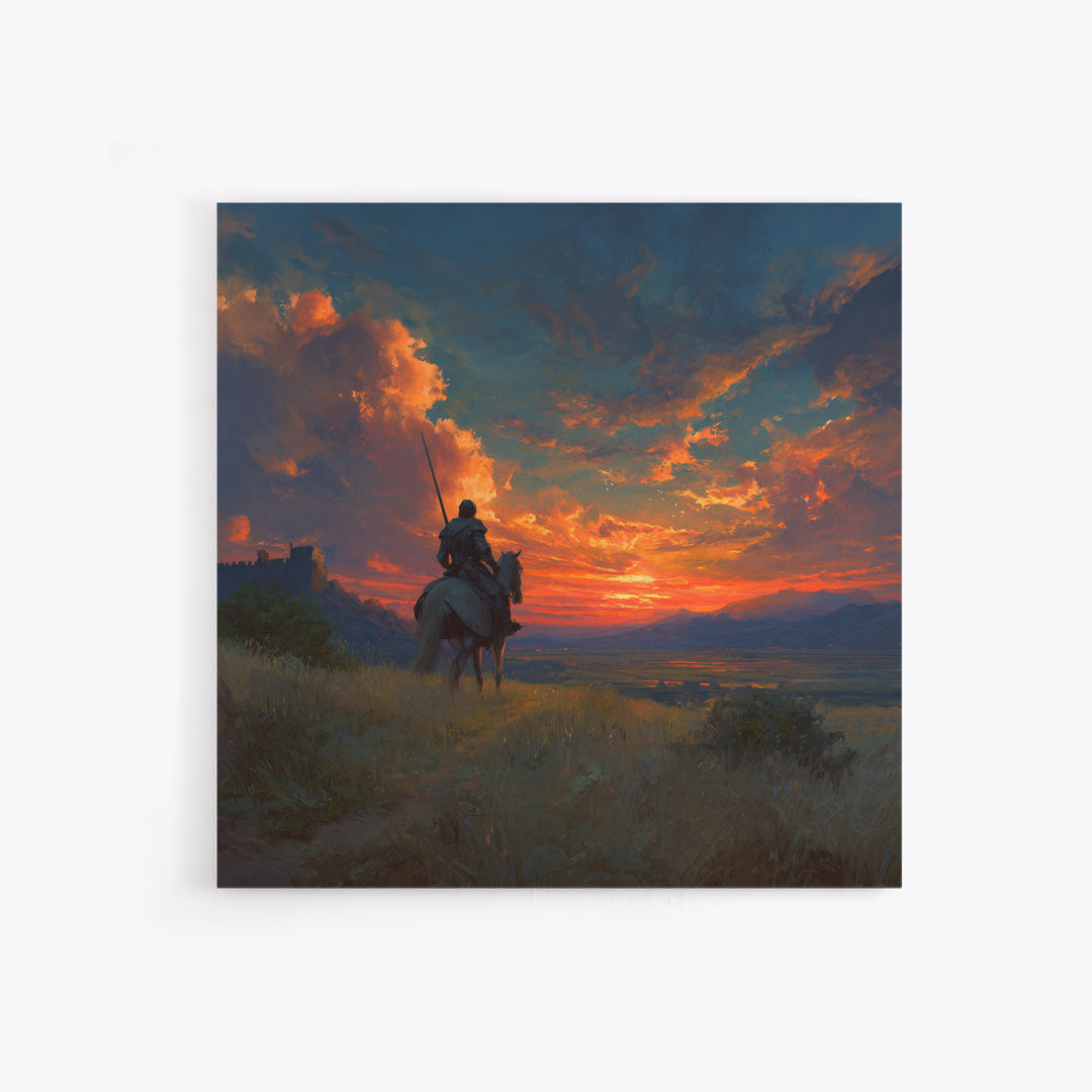 Armored Knight On Horseback At Fiery Sunset Canvas Print, Medieval Fantasy Wall Art, Dramatic Landscape Decor For Him Gift