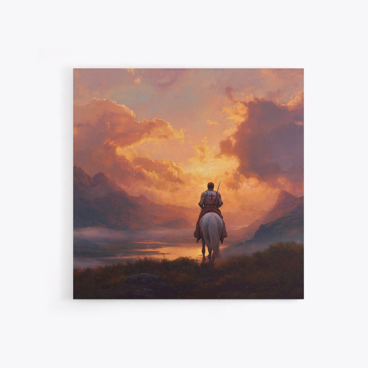 Lone Crusader Horseback Sunset Canvas Print, Epic Mountain Landscape Wall Art, Christian Artwork, Fantasy Art, Gift For Him