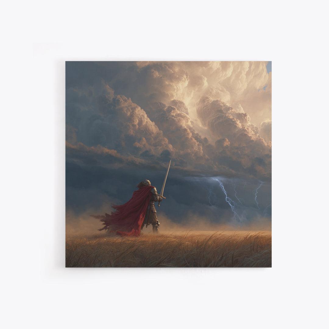 Armored Knight Facing Thunderstorm Wall Art, Dark Fantasy Canvas Print, Medieval Decor, Dramatic Warrior Gift For Him, Office Decor