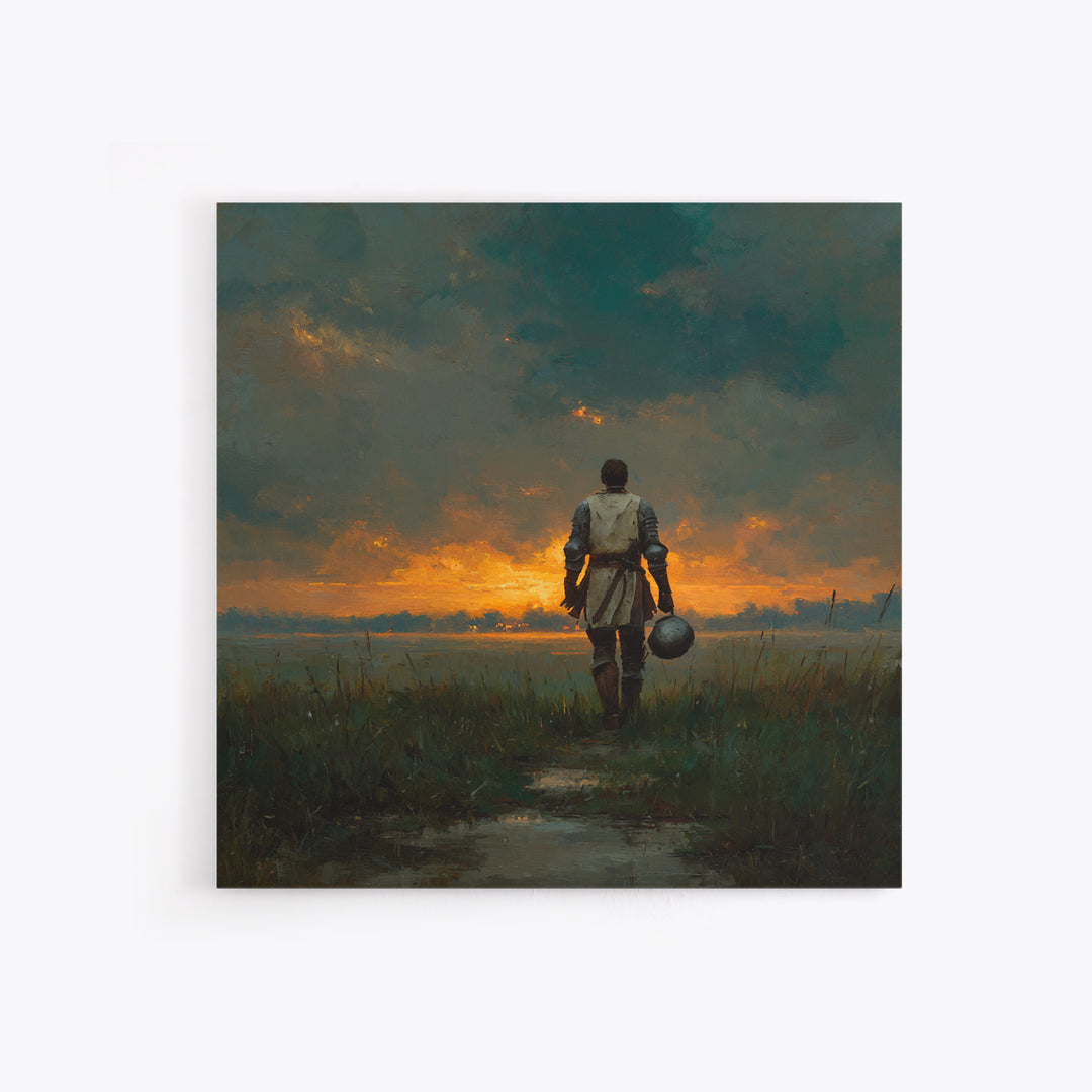 Lone Knight Walking Into Sunset Wall Art, Moody Medieval Landscape Canvas Print, Dark Academia Decor, Fantasy Gift For Him