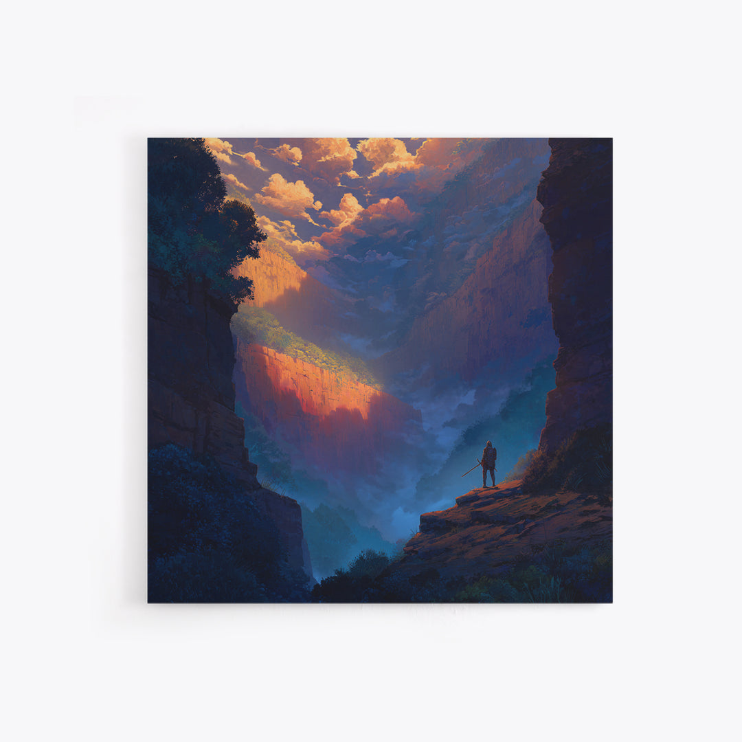 Warrior Over Misty Canyon Wall Art, Epic Fantasy Landscape Canvas Print, Mountain Wall Art, Adventure Decor, Gift For Him
