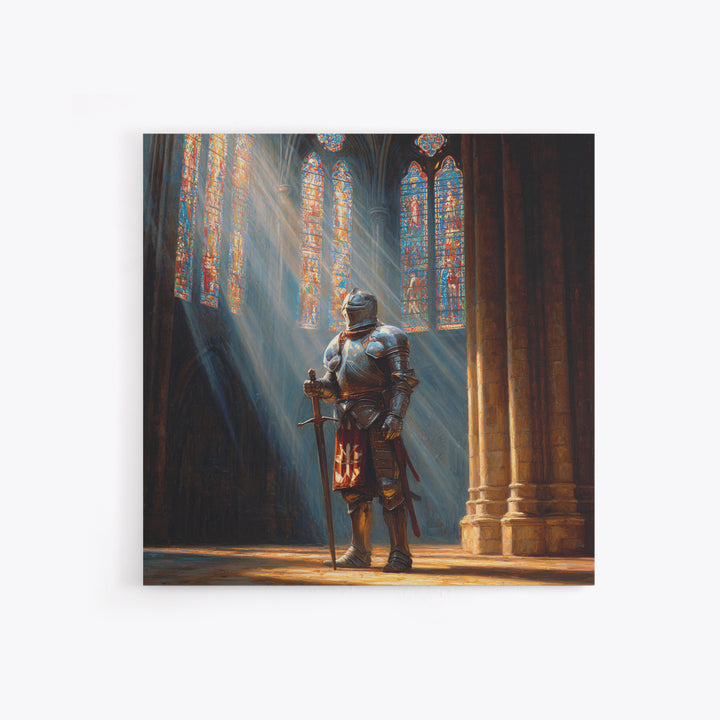 Armored Knight In Cathedral Light Wall Art, Medieval Fantasy Oil Painting, Gothic Decor, Dark Academia, Living Room Decor, Gift For Him