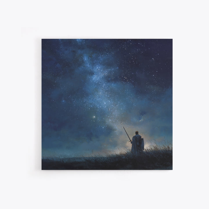 Starry Night Warrior With Sword Under Milky Way Canvas Print, Fantasy Wall Art, Celestial Decor, Mystical Bedroom Art Gift