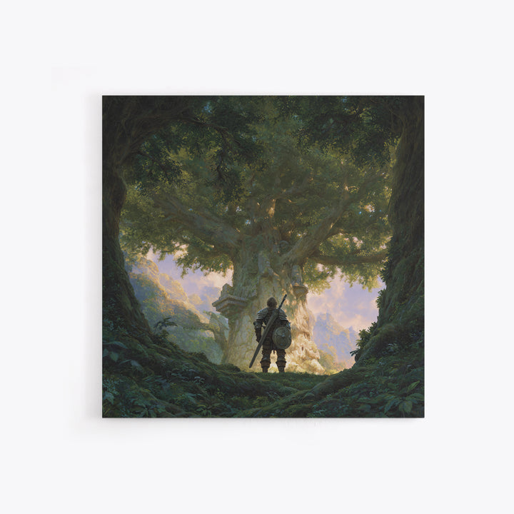 Warrior Before Ancient Tree Wall Art, Fantasy Forest Canvas Print, Enchanted Landscape Decor, Mythical Adventure Gift For Gamers