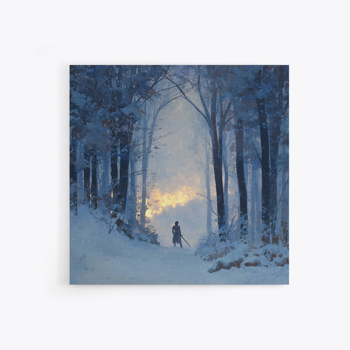 Blue Snowy Forest Wanderer Wall Art, Winter Landscape Canvas Print, Moody Nature Decor, Fantasy Adventure Gift For Him