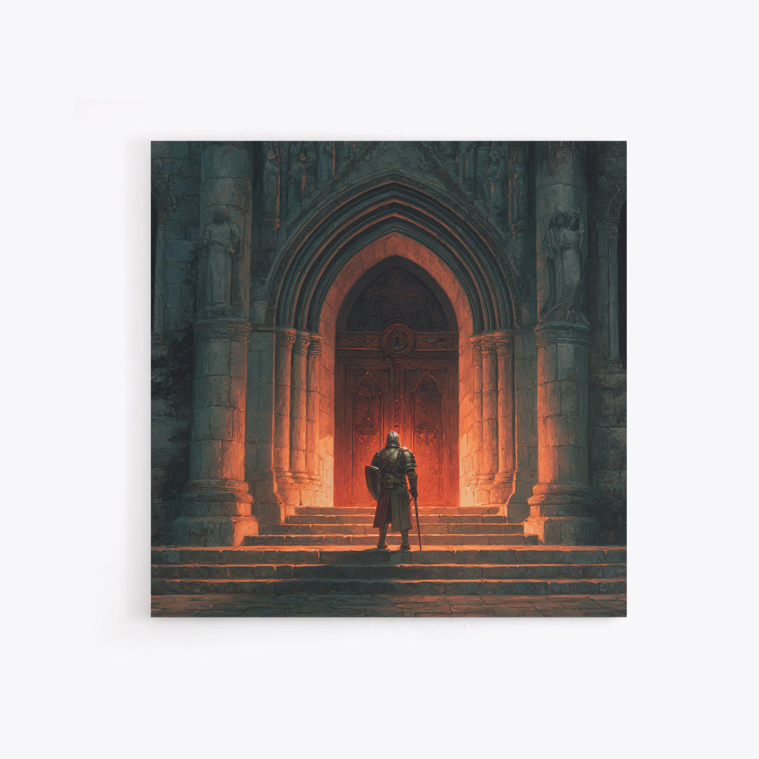 Armored Knight Before Gothic Cathedral Door Canvas Print, Medieval Wall Art, Dark Academia Decor, Gothic Fantasy Gift For Him