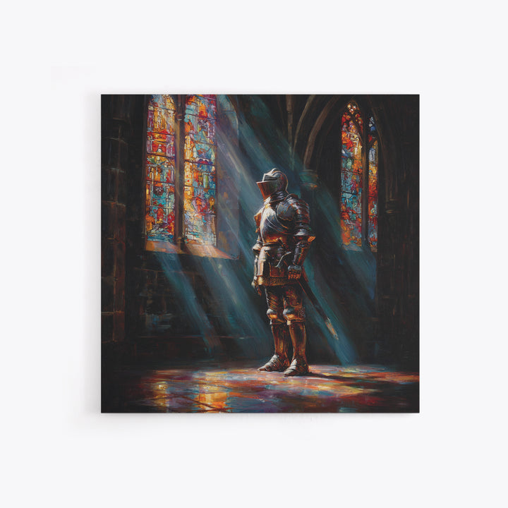 Armored Knight In Stained Glass Cathedral Wall Art, Gothic Castle Canvas Print, Medieval Decor, Dark Academia Fine Art Print