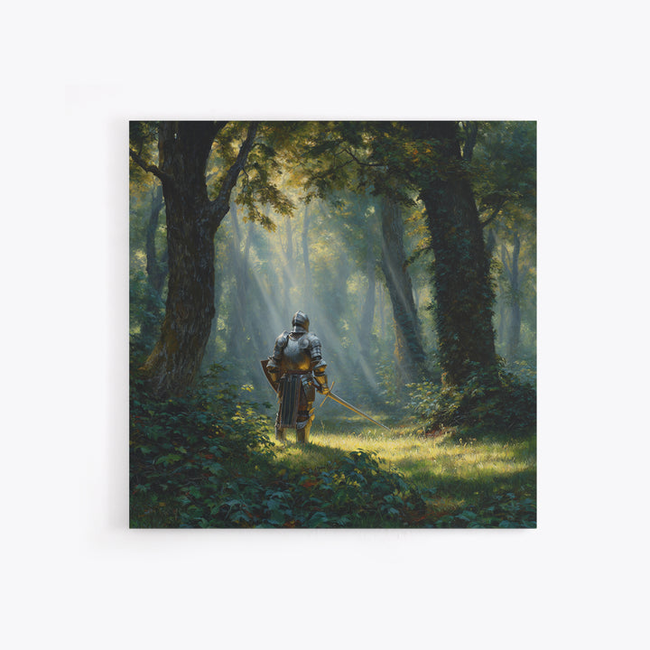 Armored Knight In Sunlit Forest Wall Art, Fantasy Canvas Print, Medieval Woodland Decor For Game Room Office And Home Decor