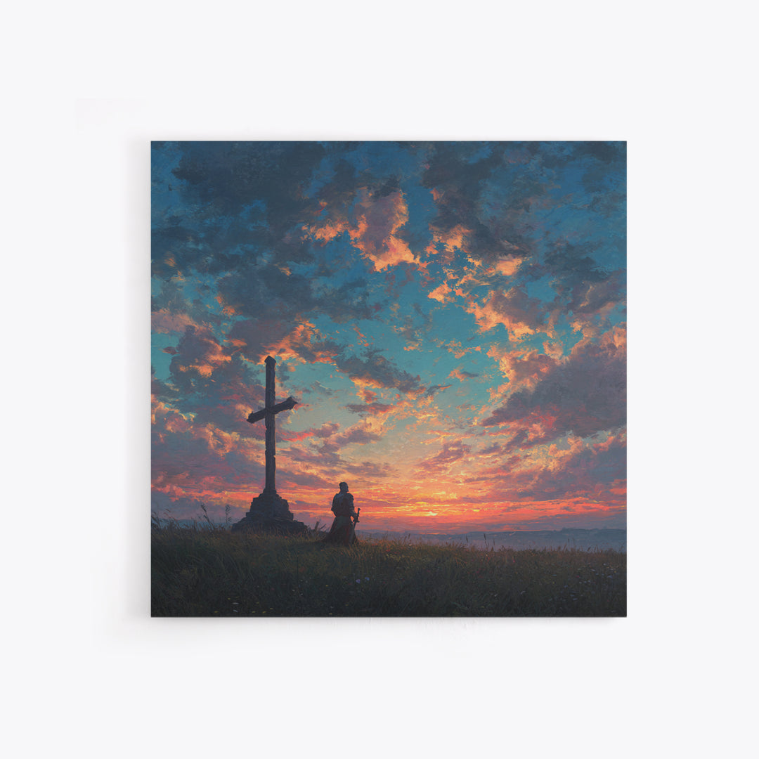 Knight Praying By Cross At Sunset Wall Art, Christian Landscape Painting, Bible Verse Decor, Inspirational Gift For Him Print
