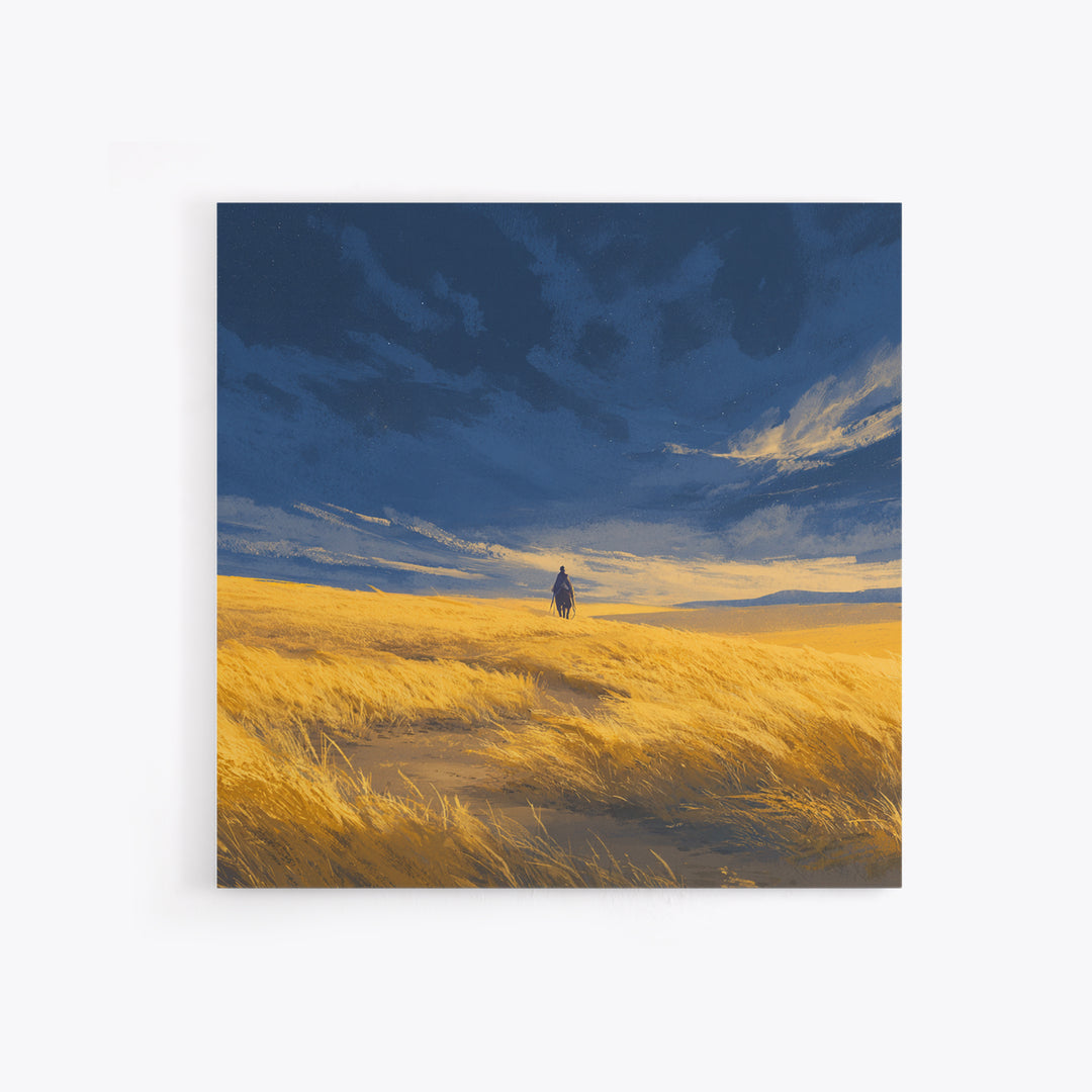 Lone Traveler In Golden Prairie Under Blue Sky Wall Art, Dreamy Landscape Canvas Print, Minimalist Nature Decor, Rustic Gift