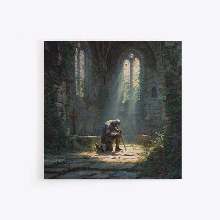 Kneeling Knight In Ruined Chapel Wall Art, Medieval Fantasy Canvas Print, Gothic Decor, Christian Artwork, Fine Art Print