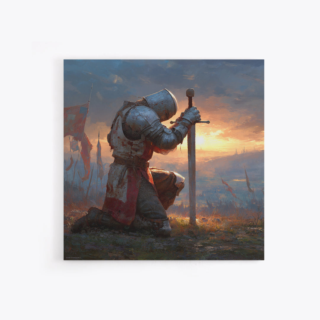 Kneeling Medieval Knight Wall Art, Fantasy Canvas Print, Warrior Sword Painting, Gothic Decor, Dark Academia Gift For Him