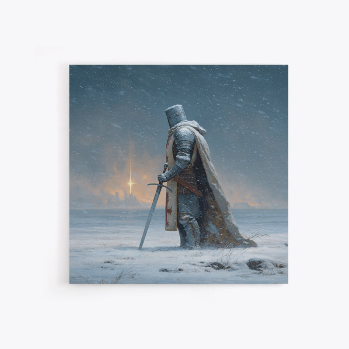 Snowy Medieval Knight Canvas Print, Fantasy Wall Art, Winter Warrior Sword Painting, Gothic Decor, Dark Academia Gift For Him