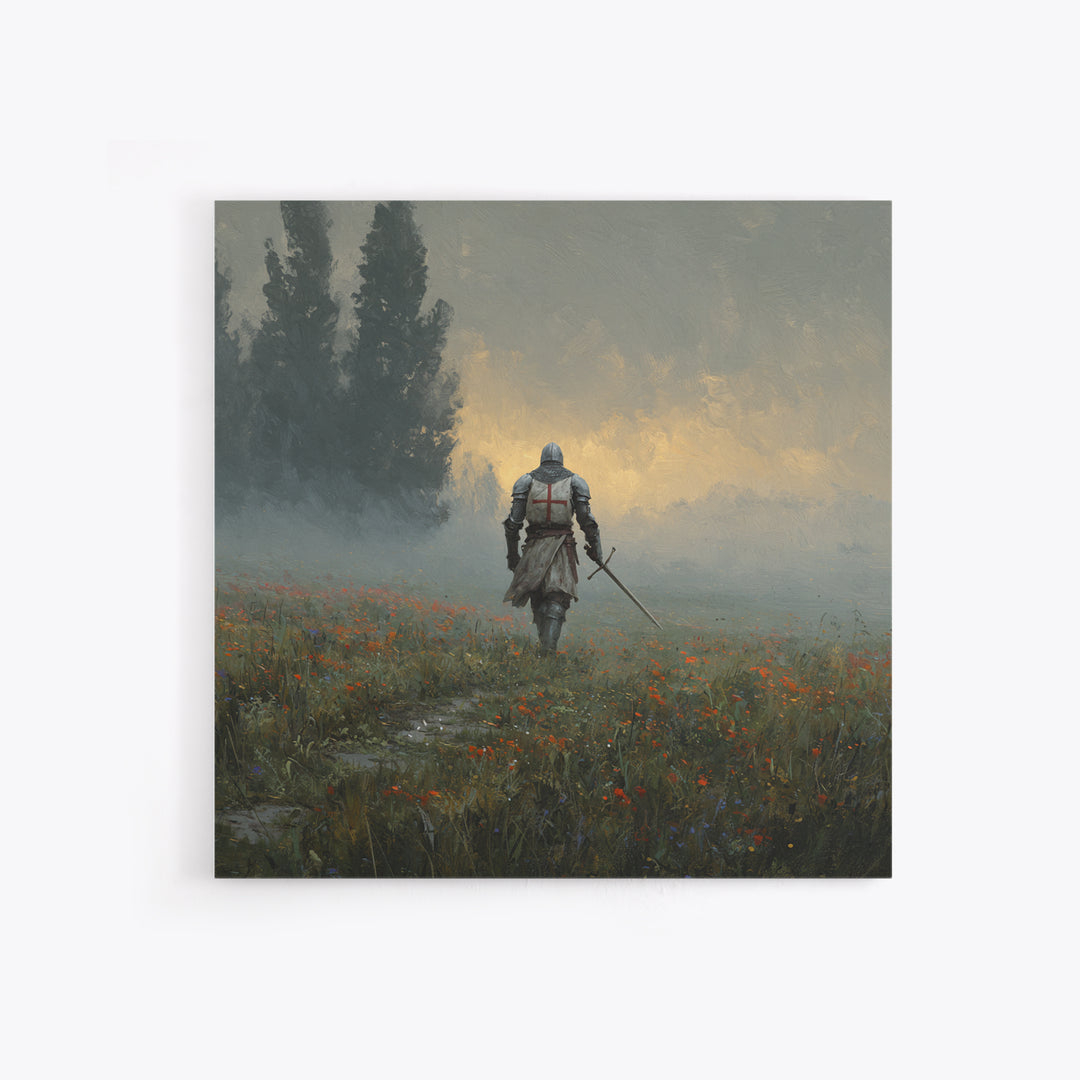 Misty Crusader Knight In Wildflower Meadow Wall Art, Medieval Landscape Canvas Print, Rustic Gothic Decor, Gift For Him Art