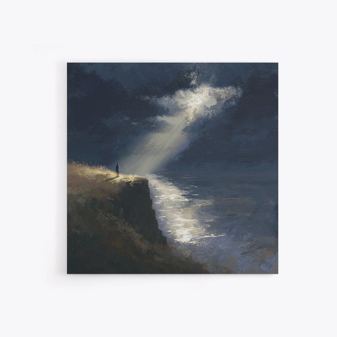Lone Figure On Moonlit Cliff Wall Art, Moody Seascape, Dramatic Ocean Landscape, Dark Academia, Coastal Canvas Print, Fine Art Print
