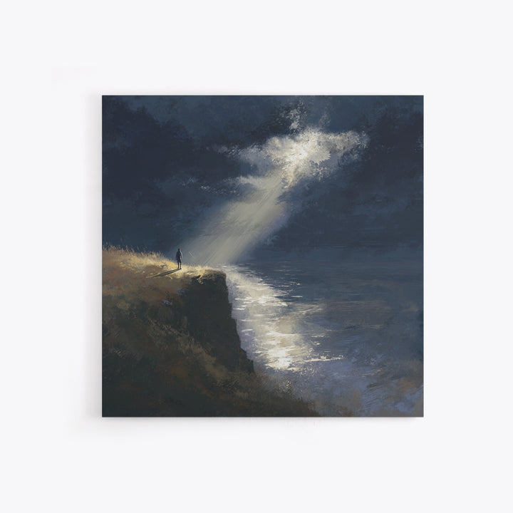 Lone Figure On Moonlit Cliff Wall Art, Moody Seascape, Dramatic Ocean Landscape, Dark Academia, Coastal Canvas Print, Fine Art Print