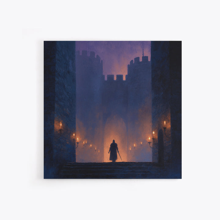 Cloaked Warrior At Castle Gate Wall Art, Dark Fantasy Canvas Print, Medieval Gothic Decor, Moody Game Room Art Gift For Him