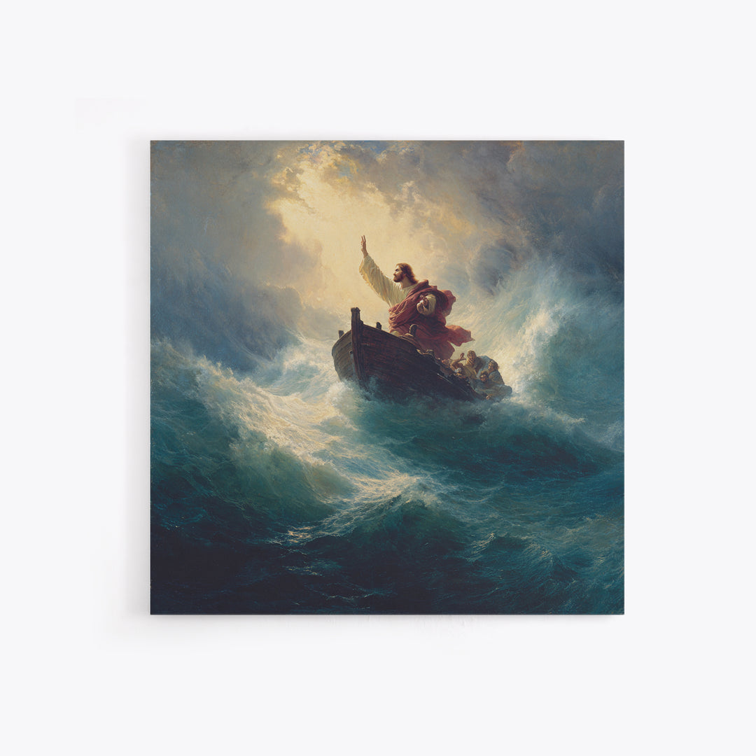 Jesus Calming The Storm At Sea Canvas Print, Biblical Ocean Painting, Christian Wall Art, Faith Gift For Prayer Room Decor
