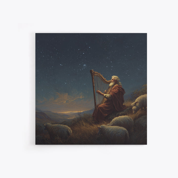 Biblical Shepherd Playing Harp Under Stars Canvas Print, David Psalm Wall Art, Celestial Christian Decor, Peaceful Gift For Her