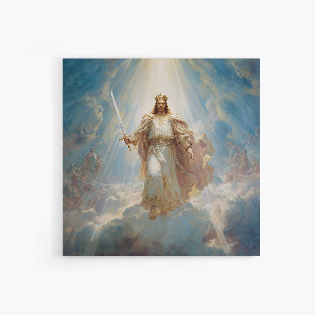 Radiant Jesus Warrior In Clouds Wall Art, Christian Framed Canvas Print, Biblical Religious Home Decor Gift For Prayer Room