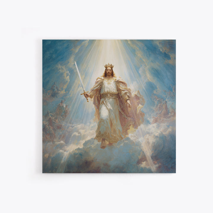 Radiant Jesus Warrior In Clouds Wall Art, Christian Framed Canvas Print, Biblical Religious Home Decor Gift For Prayer Room