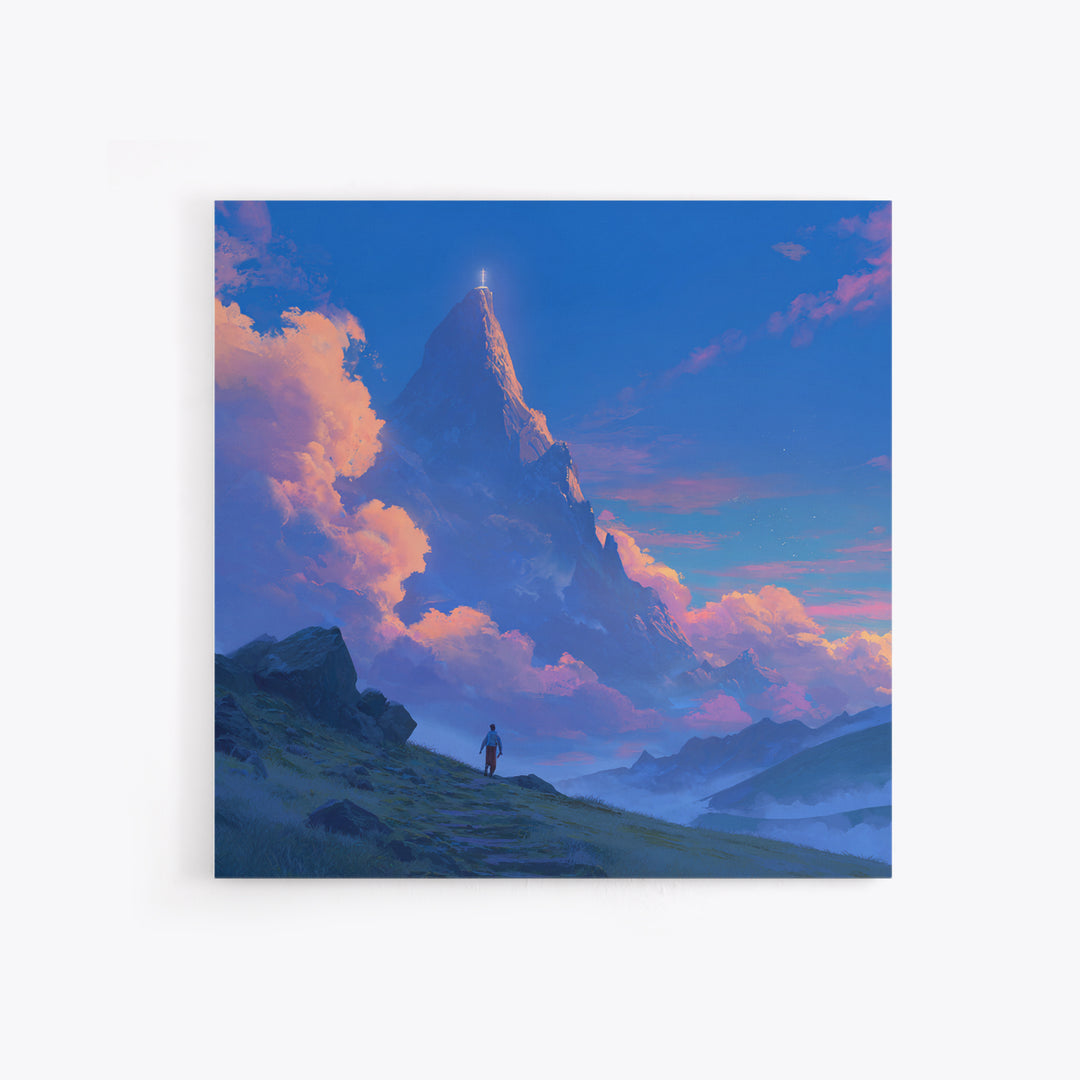 Glowing Fantasy Mountain Canvas Print, Epic Landscape Wall Art, Blue Sky Adventure Decor, Dreamy Nature Art, Gift For Him