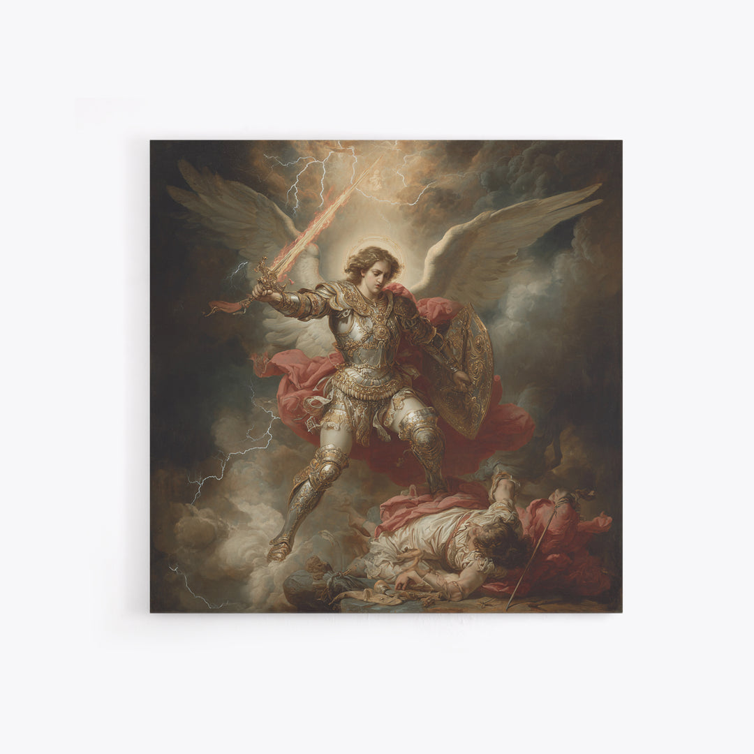 Archangel Michael Defeating Demon Framed Canvas Print, Baroque Religious Wall Art, Catholic Gift, Dramatic Fine Art Print