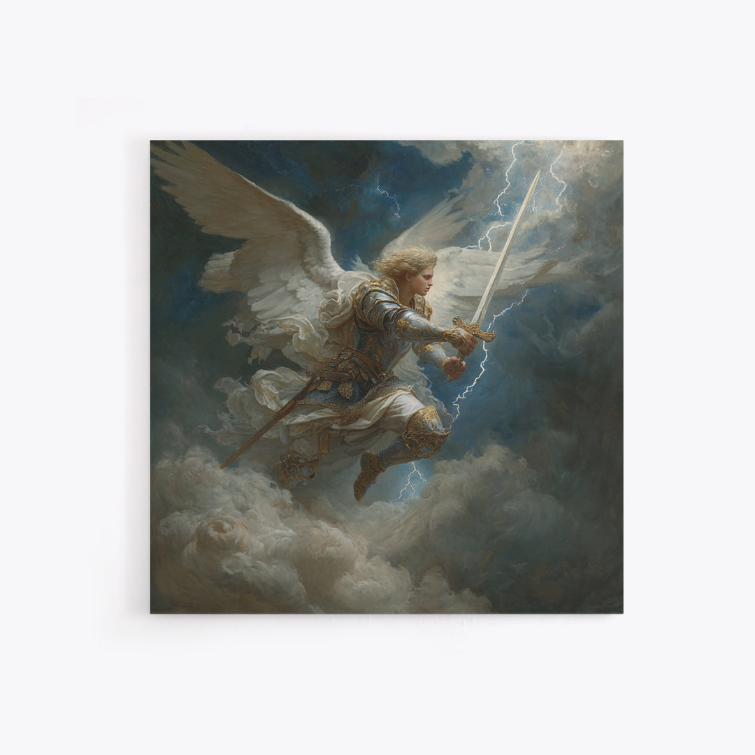 Archangel Warrior With Lightning Sword Canvas Print, Dramatic Christian Wall Art, Fantasy Angel Decor, Spiritual Gift For Him