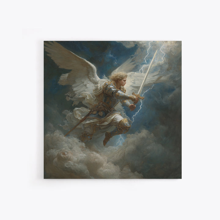 Archangel Warrior With Lightning Sword Canvas Print, Dramatic Christian Wall Art, Fantasy Angel Decor, Spiritual Gift For Him