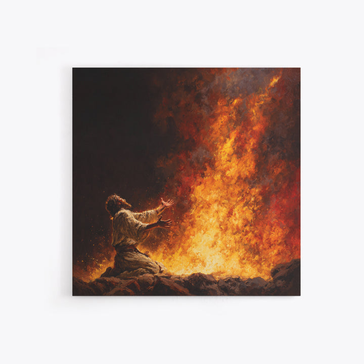 Kneeling Prophet Before Blazing Fire Wall Art, Biblical Painting, Spiritual Canvas Wall Art, Dramatic Christian Home Decor