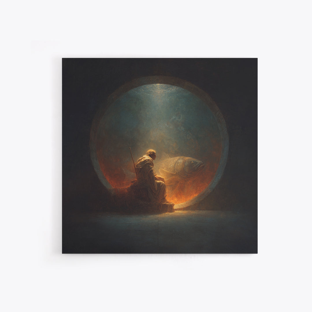 Surreal Fisherman And Giant Fish Canvas Print, Dark Fantasy Art, Moody Wall Decor, Unique Statement Artwork, Fine Art Print