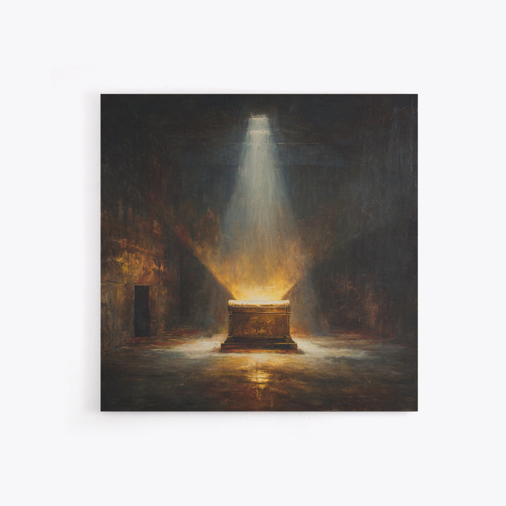 Glowing Ark In Ancient Chamber Framed Canvas Print, Dark Academia Wall Art, Biblical Oil Painting, Spiritual Home Decor Print