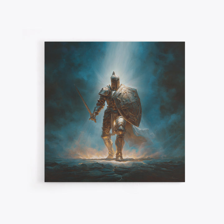 Heroic Silver Knight With Sword And Shield Wall Art, Fantasy Warrior Framed Canvas Print, Gothic Decor, Dramatic Office Art