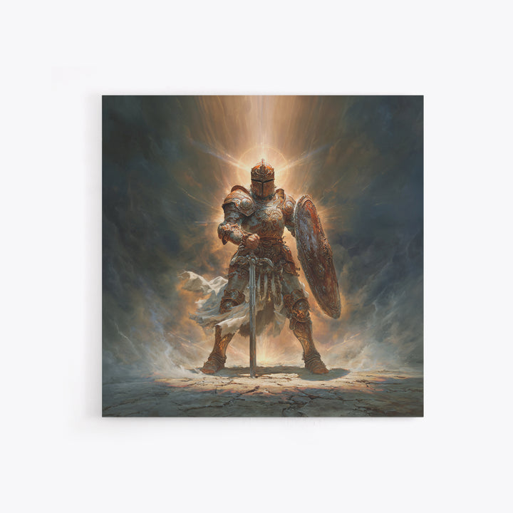 Glowing Medieval Knight Framed Canvas Print, Fantasy Wall Art, Warrior Armor Painting For Man Cave Decor And Gift For Him