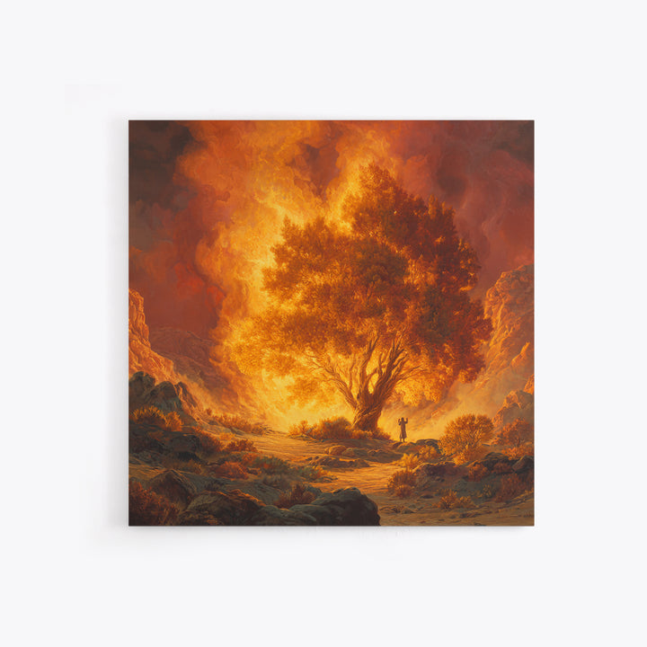 Fiery Burning Bush In Desert Wall Art, Biblical Christian Canvas Print, Spiritual Landscape Decor, Religious Housewarming Gift