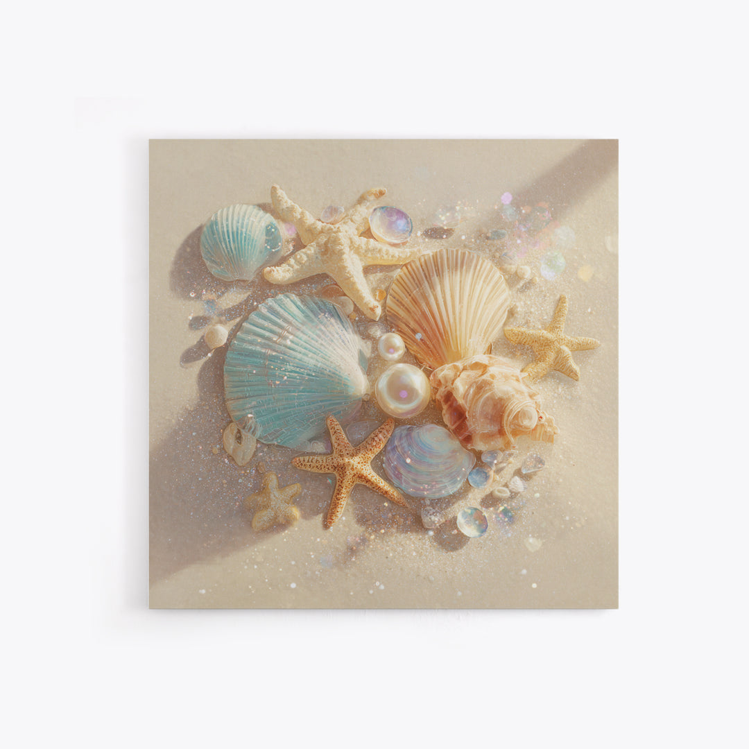Seashells Starfish And Pearls Wall Art, Coastal Beach Canvas Print, Ocean Life Decor For Bathroom Or Beach House Home Decor