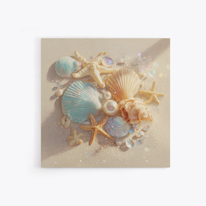 Seashells Starfish And Pearls Wall Art, Coastal Beach Canvas Print, Ocean Life Decor For Bathroom Or Beach House Home Decor