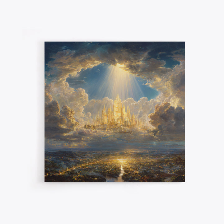 Golden Celestial City Above Clouds Wall Art, Heavenly Fantasy Canvas Print, Spiritual Landscape Decor, Statement Artwork Gift
