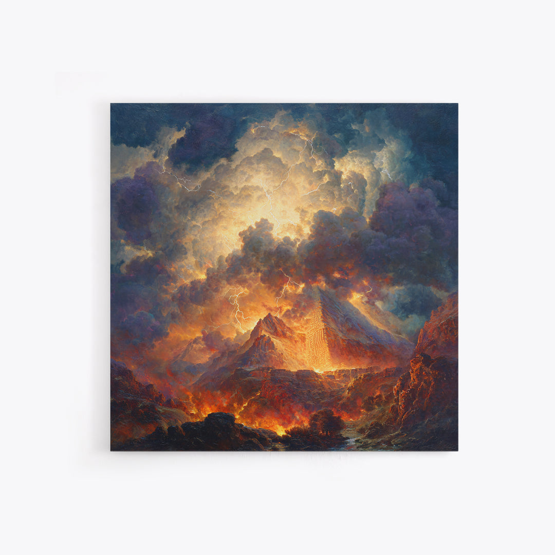 Volcanic Pyramid Storm Canvas Print, Fantasy Landscape Wall Art, Dramatic Lightning Decor, Dark Academia Statement Artwork