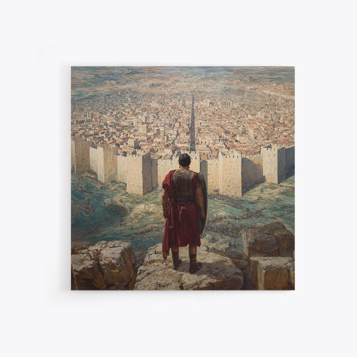 Warrior Over Ancient Walled City Wall Art, Biblical Landscape Framed Canvas Print, Historical Masculine Office Decor Gift