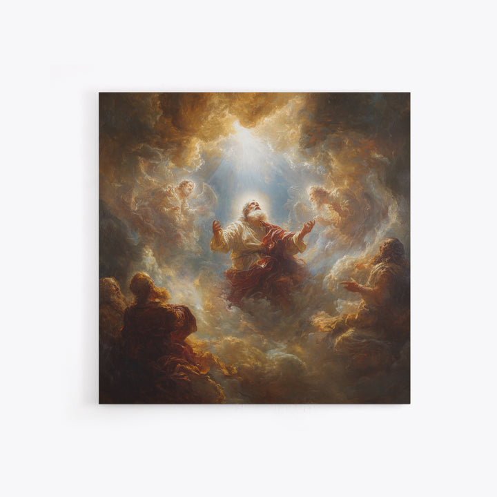 Biblical Prophet Ascending In Golden Clouds Framed Canvas Print, Christian Wall Art, Religious Home Decor, Prayer Room Gift