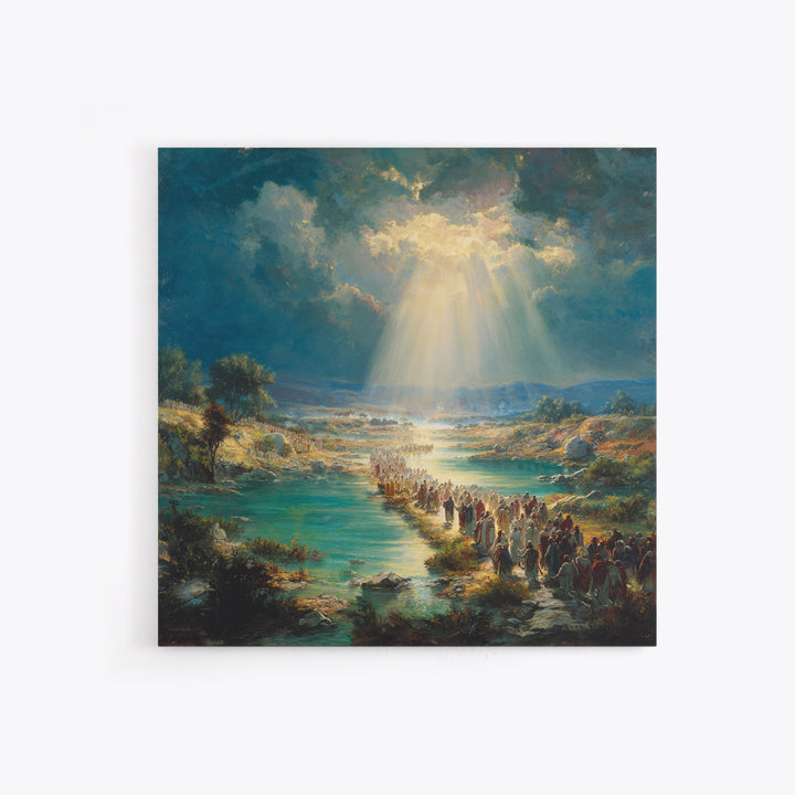 Biblical River Crossing Canvas Print, Radiant Sunbeams Over Sacred Landscape, Christian Wall Art, Religious Home Decor, Prayer Room Decor